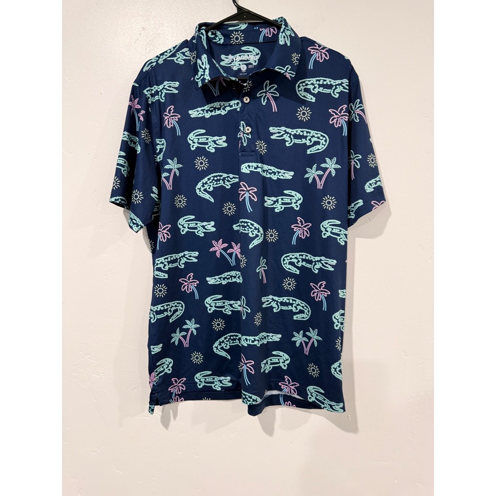 Chubbies Mens Large The Gatorade Polo Shirt Navy Neon Alligator Palm Tree Golf